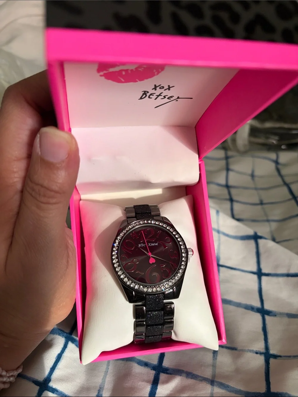 Betsey Johnson Black Watch with Hot Pink Dial and Crystal Bezel